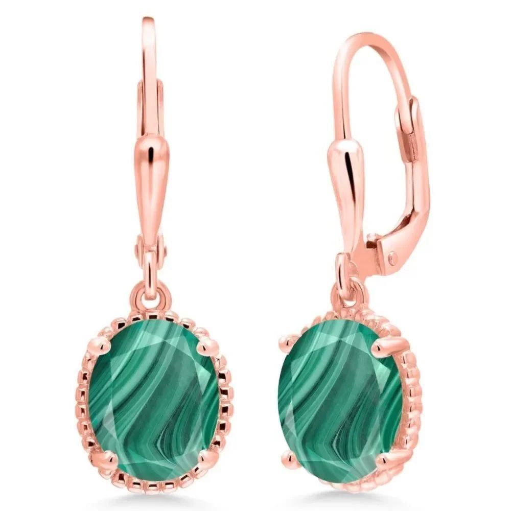 18K Rose Gold 925 with 5.00 Cttw Malachite Oval Leverback Hook Earrings